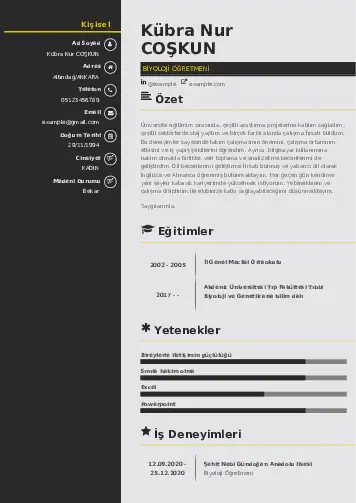 Biyoloji Öğretmeni CV Örnekleri cv indir